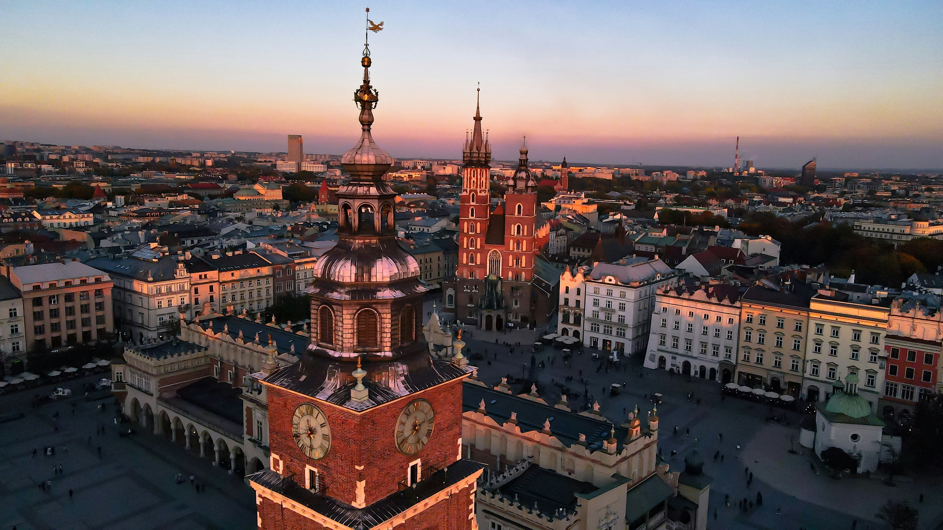 Krakow's Main Market Square with Cloth Hall and St. Mary's Basilica